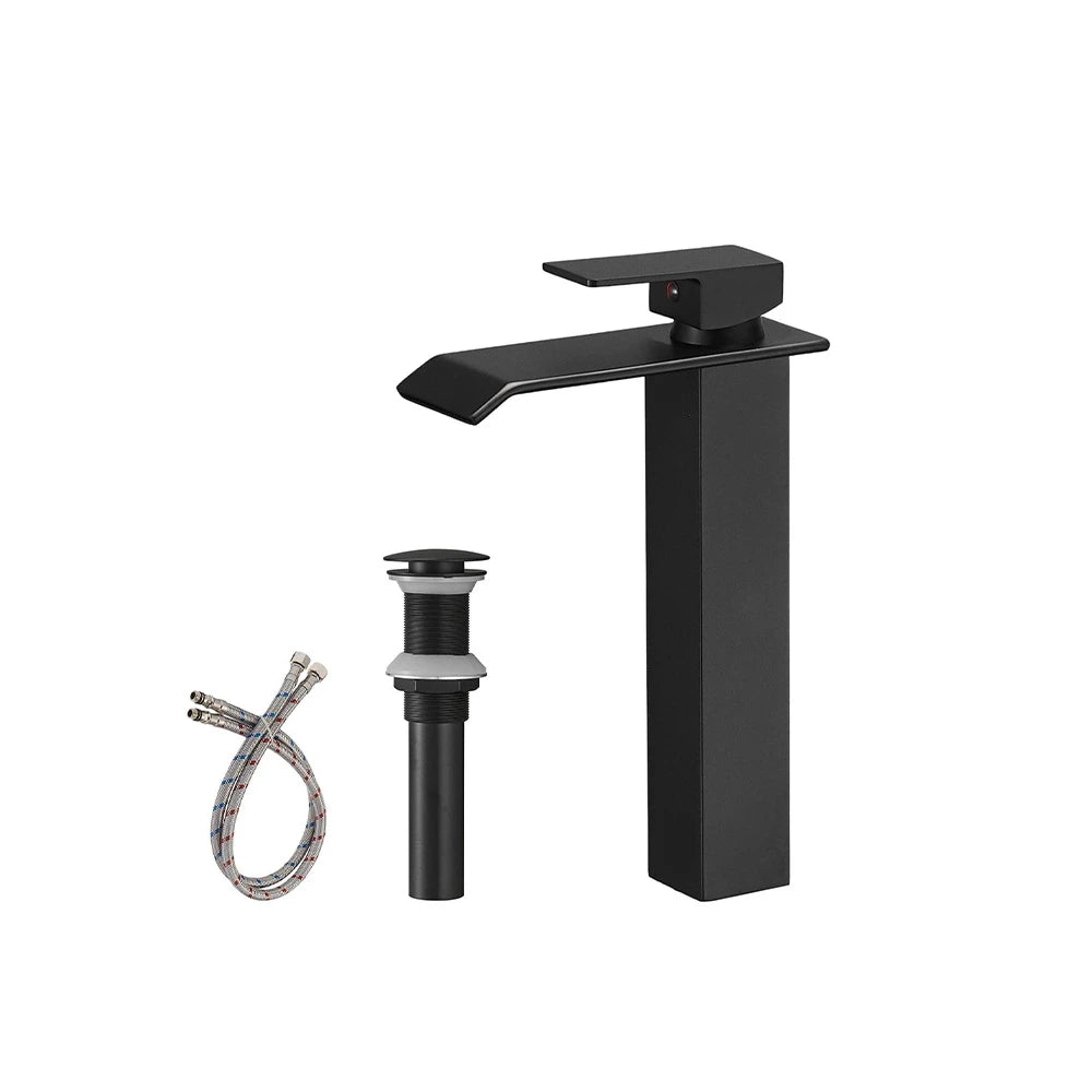 Matte Black single-hole bathroom basin faucet, 304 stainless steel, wide square waterfall spout, tall vessel height — SANIKB FYF-01066