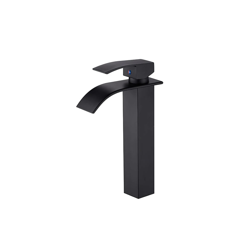 Matte Black single-hole bathroom basin faucet, 304 stainless steel, wide fan-shaped waterfall spout, tall vessel height — SANIKB FYF-01063