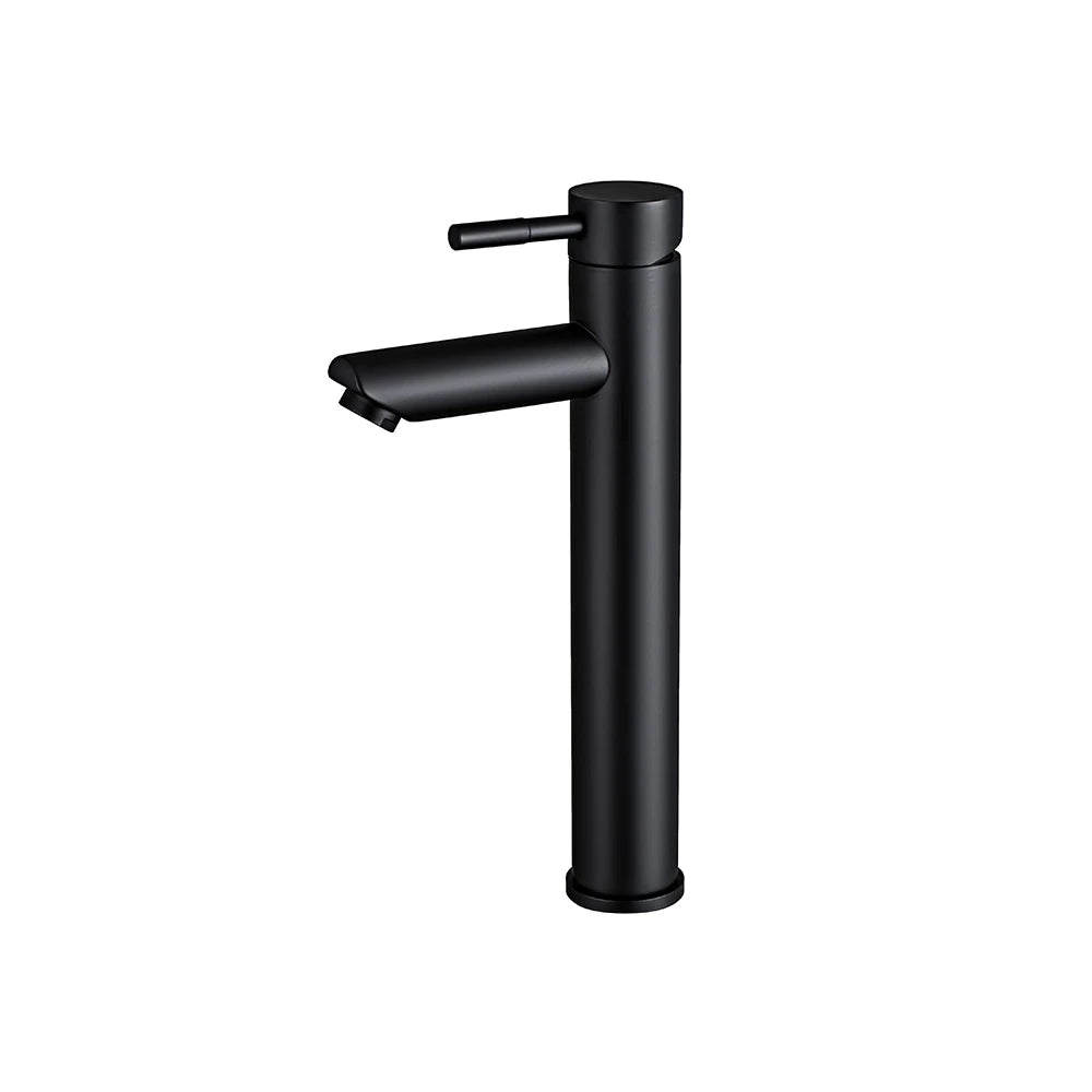 Matte Black single-hole bathroom basin faucet, 304 stainless steel, round cylinder body with pin-lever handle, tall vessel height — SANIKB FYF-01065