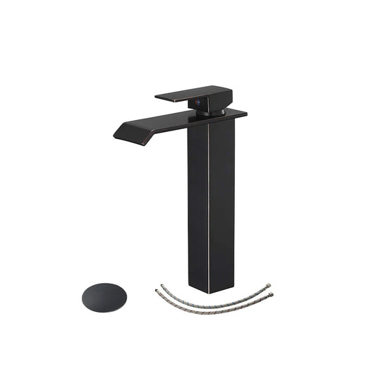 Matte Black single-hole bathroom basin faucet, 304 stainless steel, wide square waterfall spout, tall vessel height — SANIKB FYF-01066