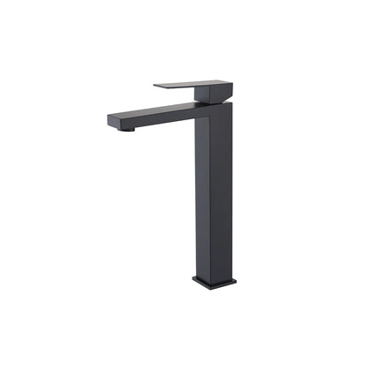 Matte black tall vessel basin faucet, single hole, stainless steel, square body, slim lever — SANIKB FYF-01075.