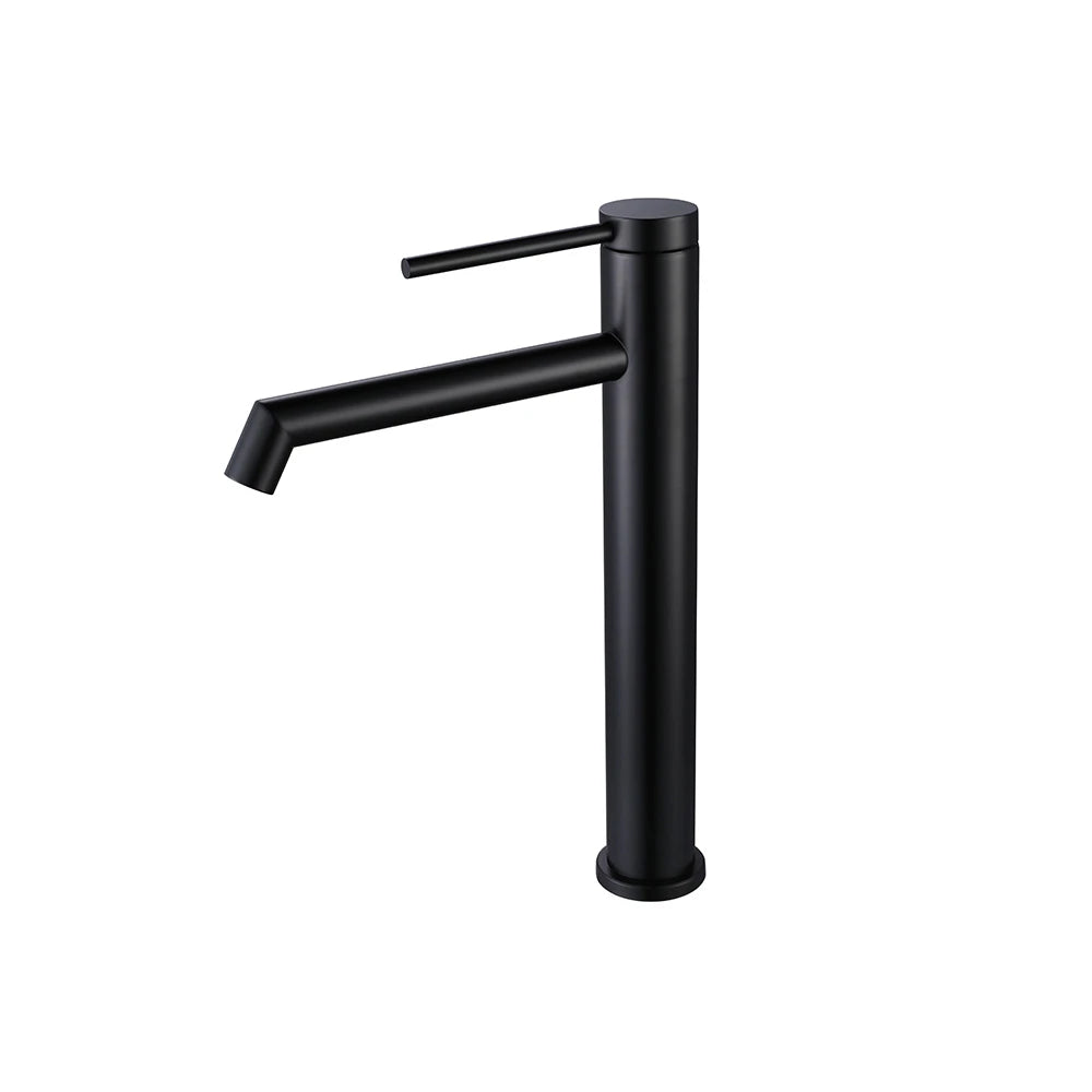 Matte Black single-hole bathroom basin faucet, 304 stainless steel, slim round cylinder body with a pin-lever handle, tall vessel height — SANIKB FYF-01078