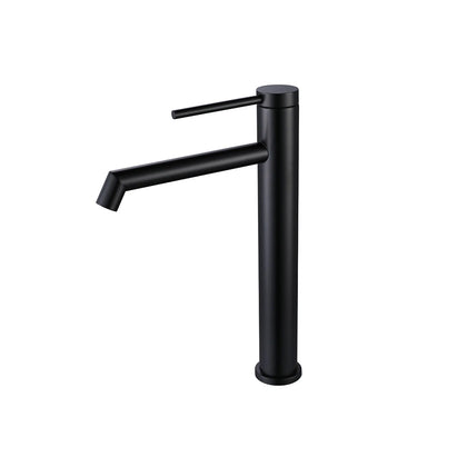 Matte Black single-hole bathroom basin faucet, 304 stainless steel, slim round cylinder body with a pin-lever handle, tall vessel height — SANIKB FYF-01078