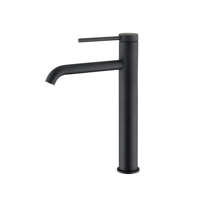 Matte black tall vessel basin faucet, single hole, stainless steel, round cylindrical body, straight lever — SANIKB FYF-01079.