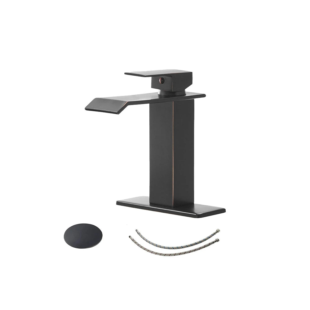 Oil Rubbed Bronze single-hole bathroom basin faucet, 304 stainless steel, wide square waterfall spout, standard height — SANIKB FYF-01066