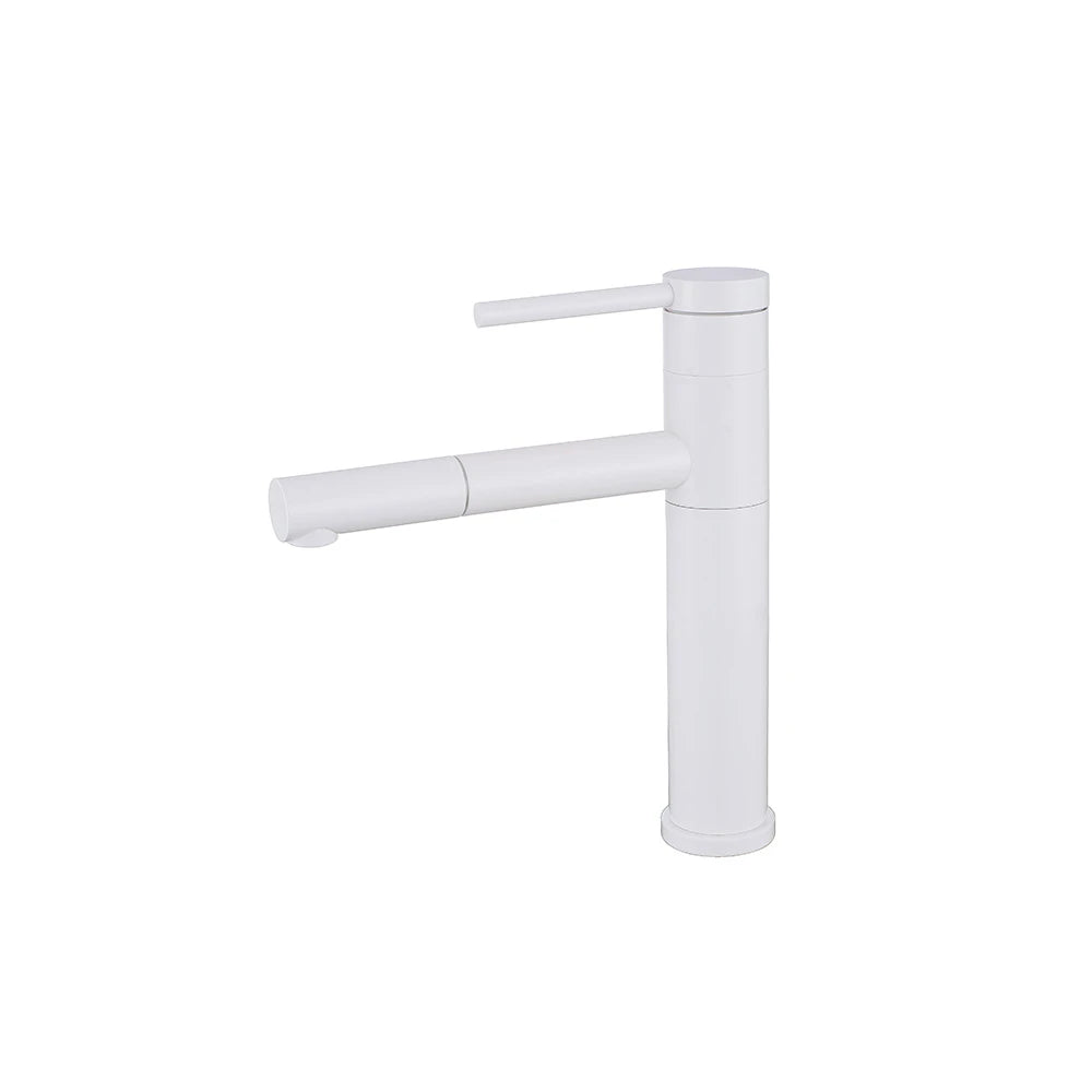 White single-hole bathroom basin faucet, 304 stainless steel, round body with a pull-out extending spout, standard height — SANIKB FYF-01077
