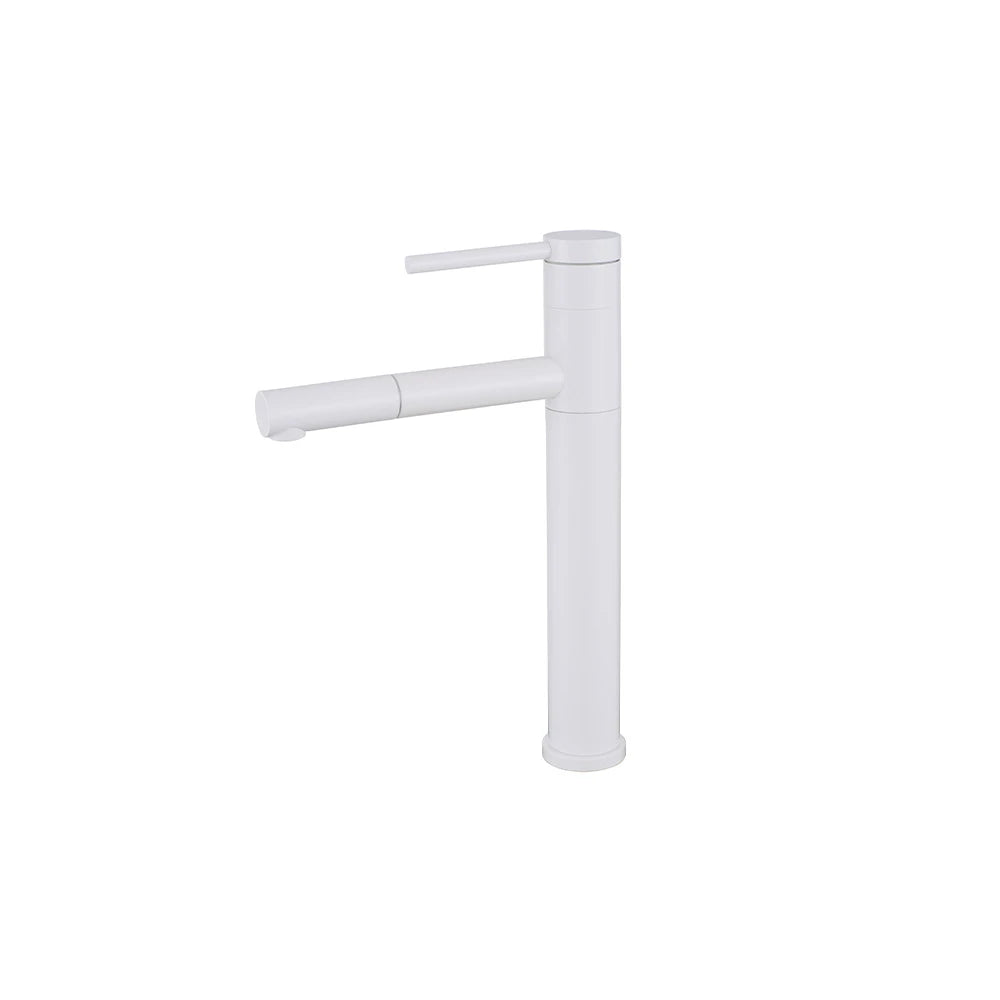 White single-hole bathroom basin faucet, 304 stainless steel, round body with a pull-out extending spout, tall vessel height — SANIKB FYF-01077