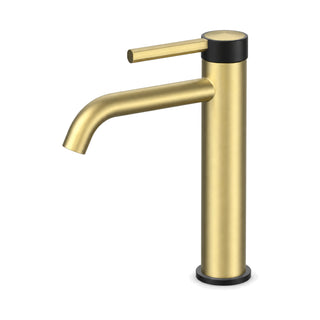 Brushed gold single hole bathroom faucet with black knurled top ring, black base ring and curved spout — SANIKB B1025 01 47 2