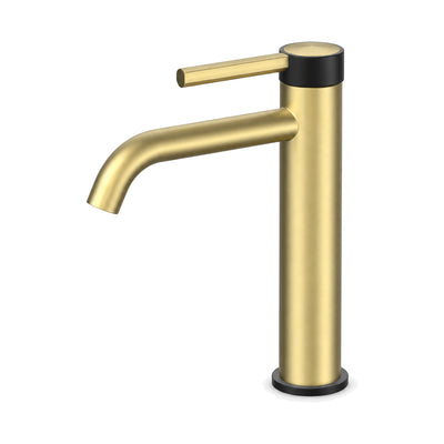 Brushed gold single hole bathroom faucet with black knurled top ring, black base ring and curved spout — SANIKB B1025 01 47 2