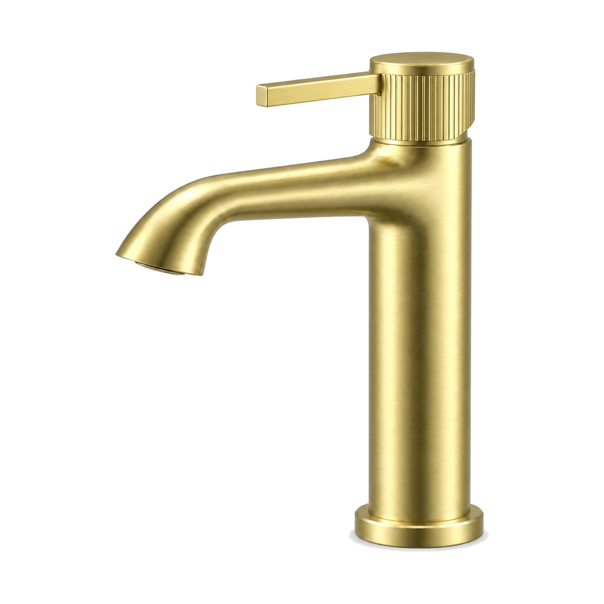 Brushed gold single hole bathroom faucet with pin lever on ribbed top ring and curved spout with flared tip — SANIKB B1006 01 43 1