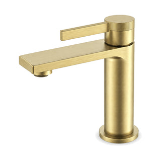 Brushed gold single hole bathroom faucet with flat rectangular spout, forward flat lever and round base — SANIKB B1003 01 43 1