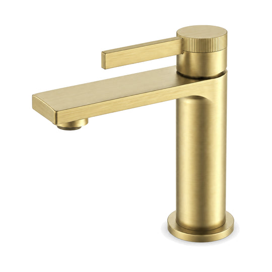 Brushed gold single hole bathroom faucet with flat rectangular spout, forward flat lever and round base — SANIKB B1003 01 43 1