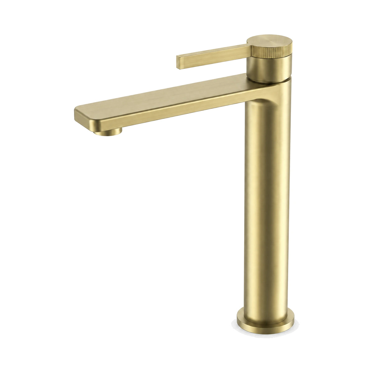Brushed gold single hole bathroom faucet with flat rectangular spout, forward flat lever and round base, tall vessel height — SANIKB B1003 02 43 1