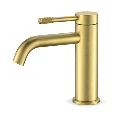 Brushed gold single hole bathroom faucet with J-curved tube spout and slim knurled-grip pin lever on top — SANIKB B1010B 01 43 2