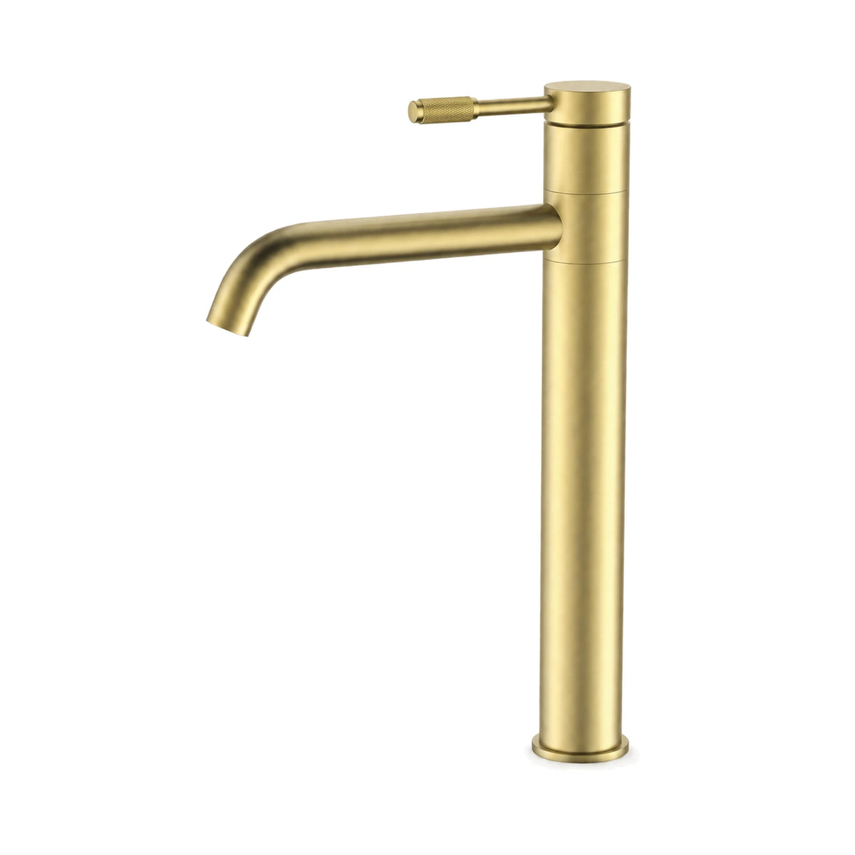 Brushed gold single hole bathroom faucet with 360-degree swivel tube spout and knurled-grip pin lever, tall vessel height — SANIKB B1010F 34 43 2