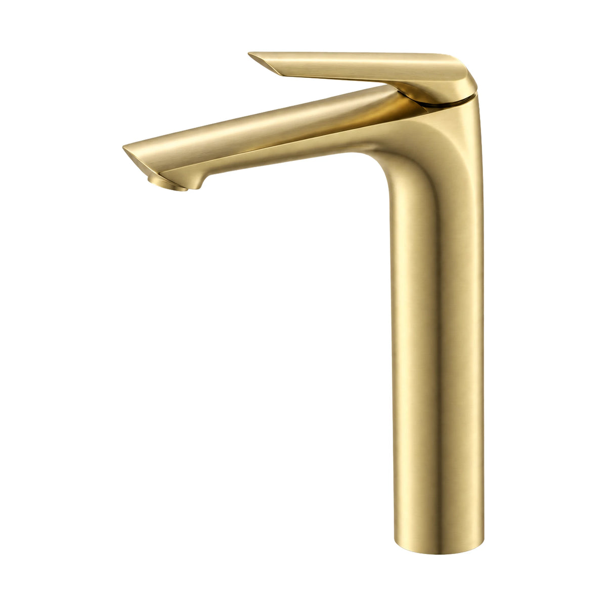 Brushed gold single hole bathroom faucet with curved flowing body and blade lever over a slim spout, tall vessel height — SANIKB B050 02 43 1