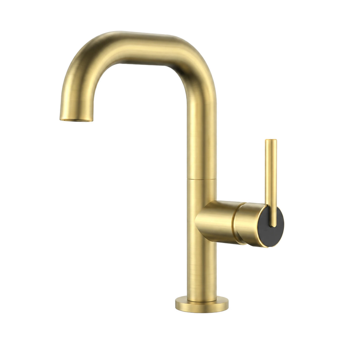 Brushed gold single hole bathroom faucet with right-angle hook neck spout, side lever on black hub — SANIKB B1016 01 43 2