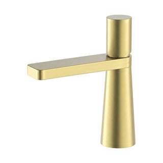 Brushed gold single hole bathroom faucet with conical body, flat rectangular spout and smooth round knob — SANIKB B099 01 43 1