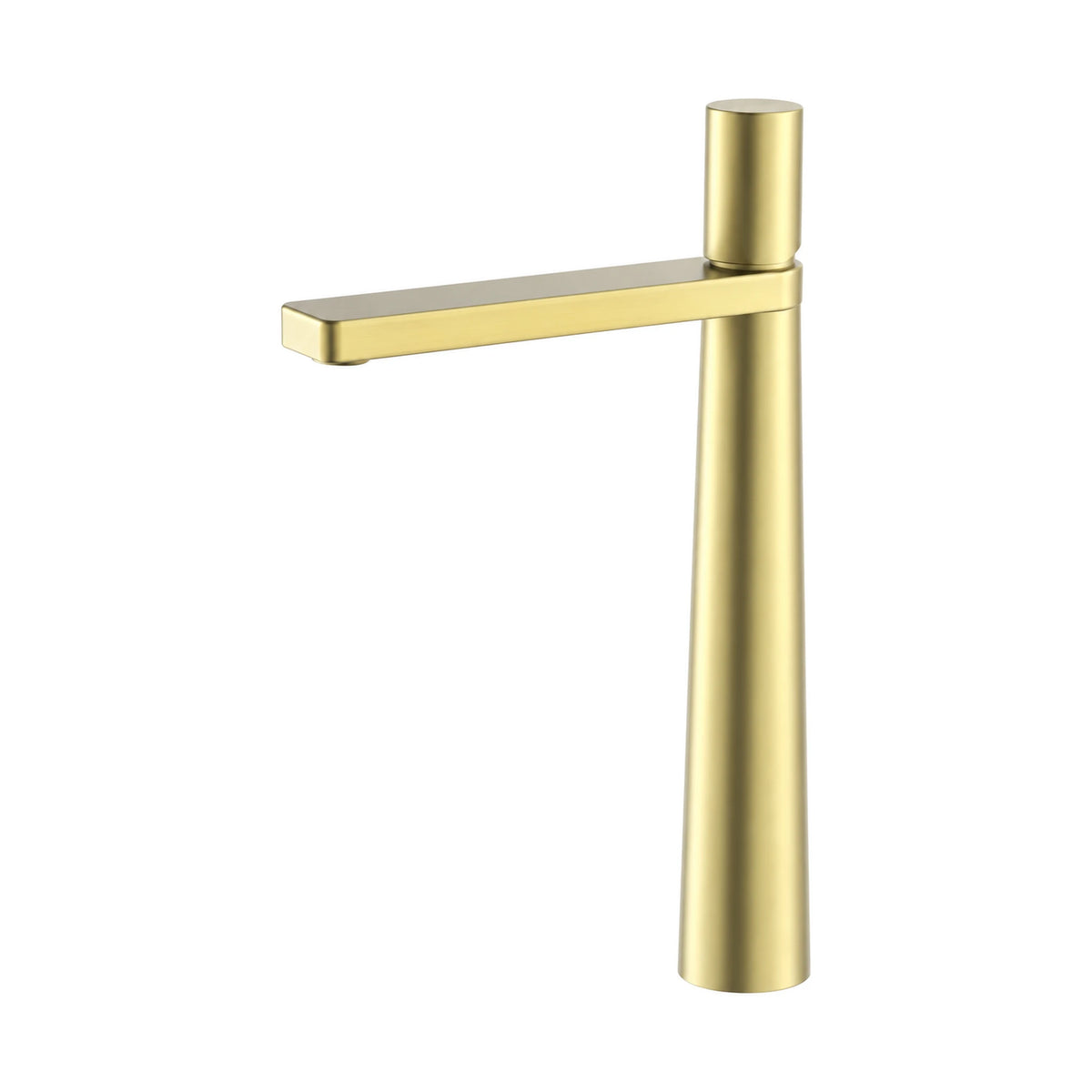 Brushed gold single hole bathroom faucet with conical body, flat rectangular spout and smooth round knob, tall vessel height — SANIKB B099 02 43 1