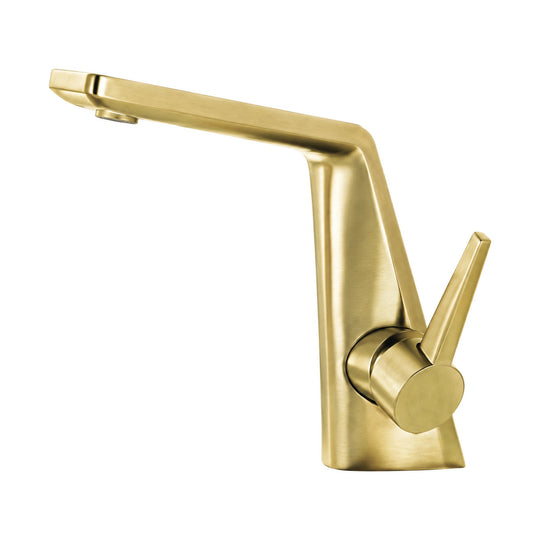 Brushed gold faceted single hole bathroom faucet with side lever and long angled flat spout — SANIKB B625 01 43 1