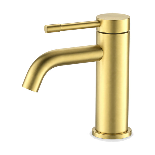 Brushed gold stainless steel single hole bathroom faucet with J-curve tube spout and slim knurled pin lever — SANIKB B1010B 01 43 2-1