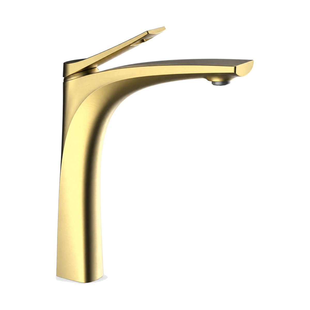 Matte black sculpted bathroom faucet with body flaring at the base and arcing into a flat tapered spout, tall vessel height — SANIKB DL-01 116-LSJ