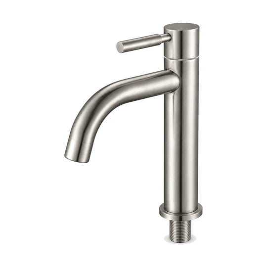 Brushed nickel cold water bathroom faucet with round tube spout curving down and pin lever — SANIKB DL-02 307-NY