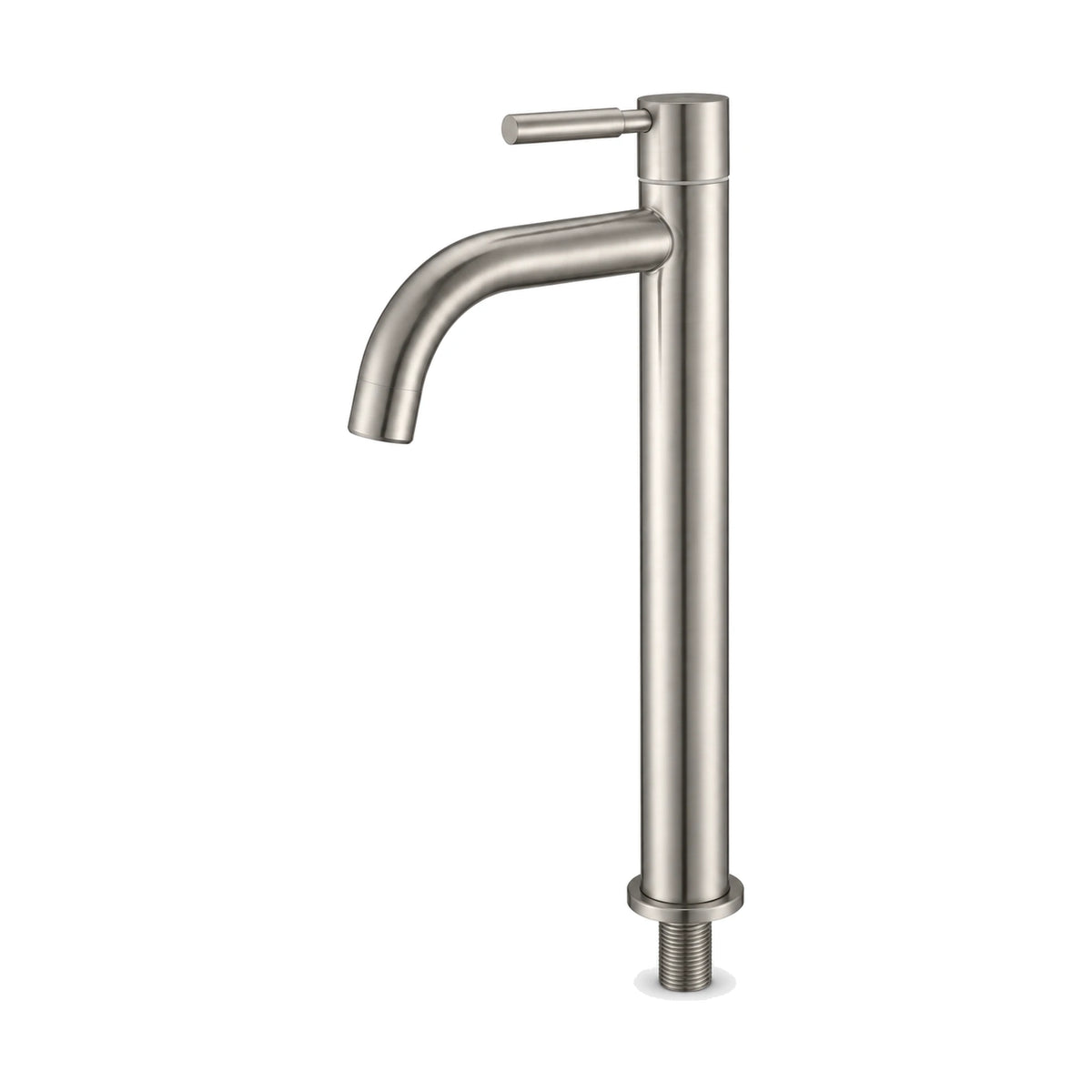 Brushed nickel cold water bathroom faucet with round tube spout curving down and pin lever, tall vessel height — SANIKB DL-02 308-NY