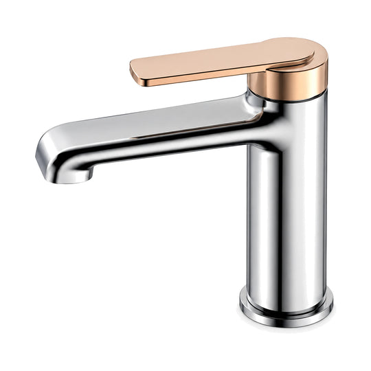 Chrome single hole bathroom faucet with rose gold top cap, rose gold flat lever and curved tube spout — SANIKB B076C 01 74 1