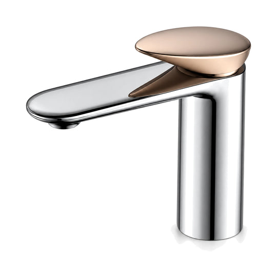 Chrome single hole bathroom faucet with oval rose gold pebble paddle lever and long flat blade spout — SANIKB B022 01 74 1