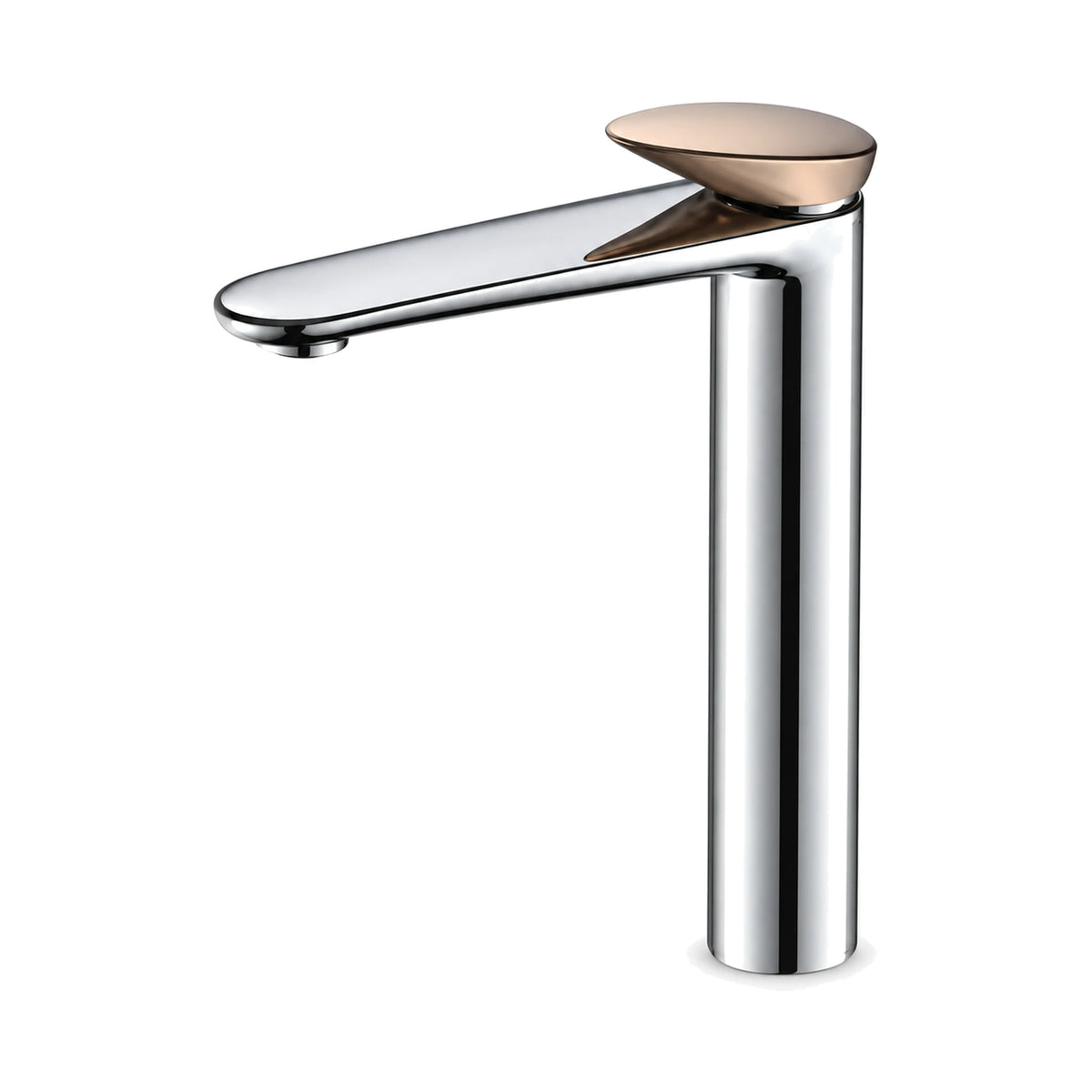 Chrome single hole bathroom faucet with oval rose gold pebble paddle lever and long flat blade spout, tall vessel height — SANIKB B022 02 74 1