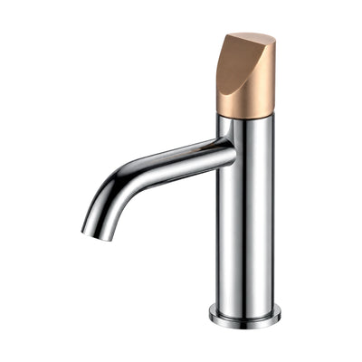 Chrome single hole bathroom faucet with rose gold slant-cut top knob and curved down-turned tube spout — SANIKB B1014 01 59 2