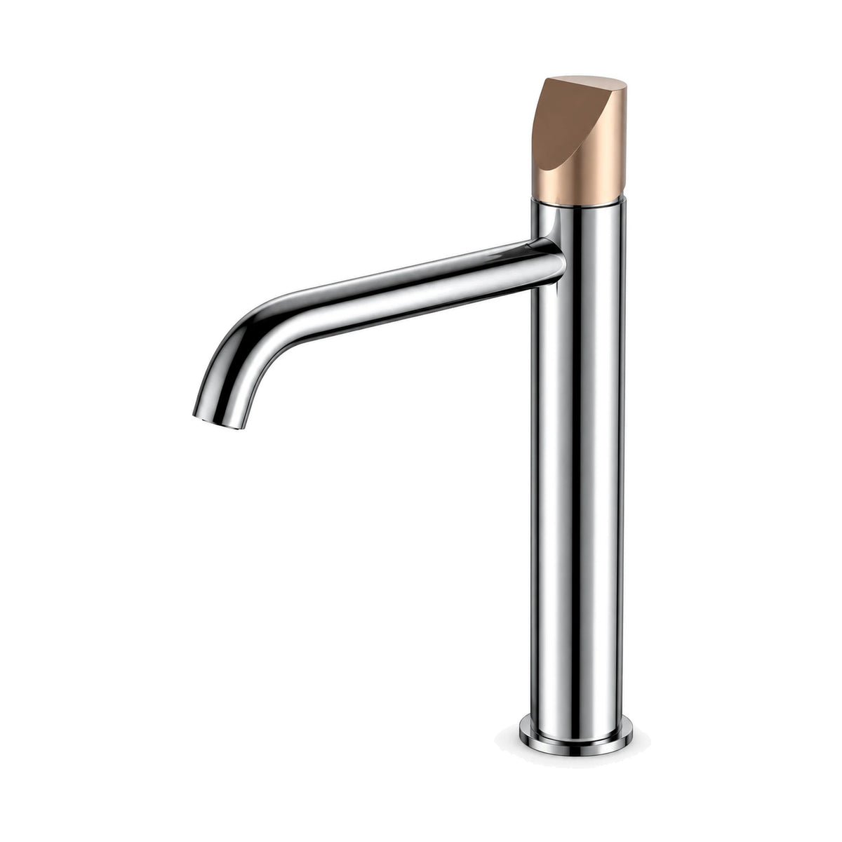 Chrome single hole bathroom faucet with rose gold slant-cut top knob and curved down-turned tube spout, tall vessel height — SANIKB B1014 02 59 2