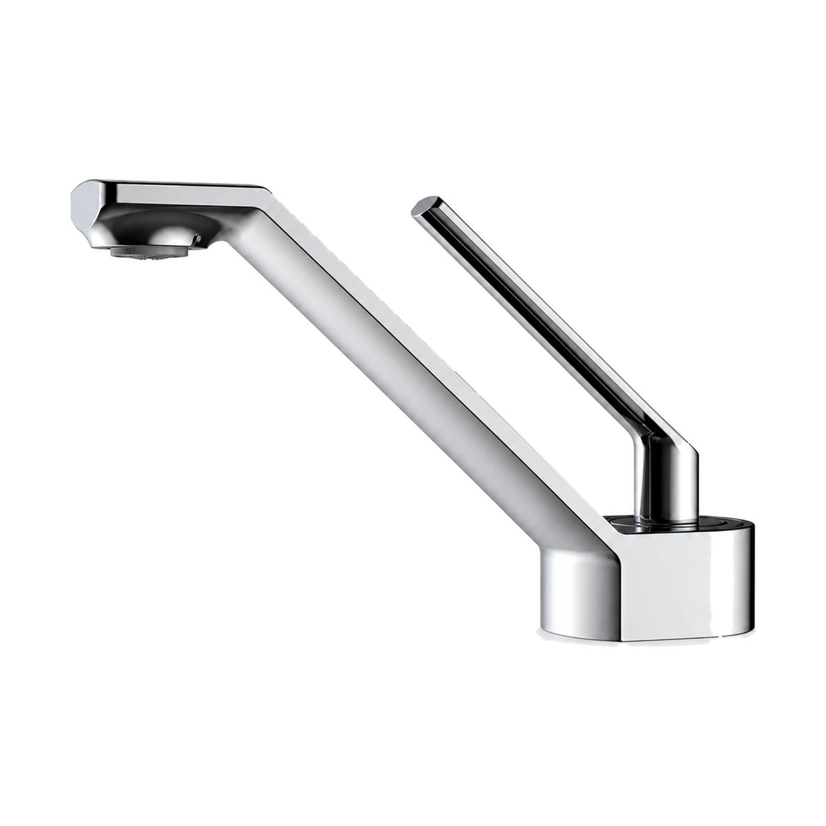 Chrome — Matte black single hole bathroom faucet with long slanted arm, flat outlet head and thin angled pin lever — SANIKB DL-01 626-CP