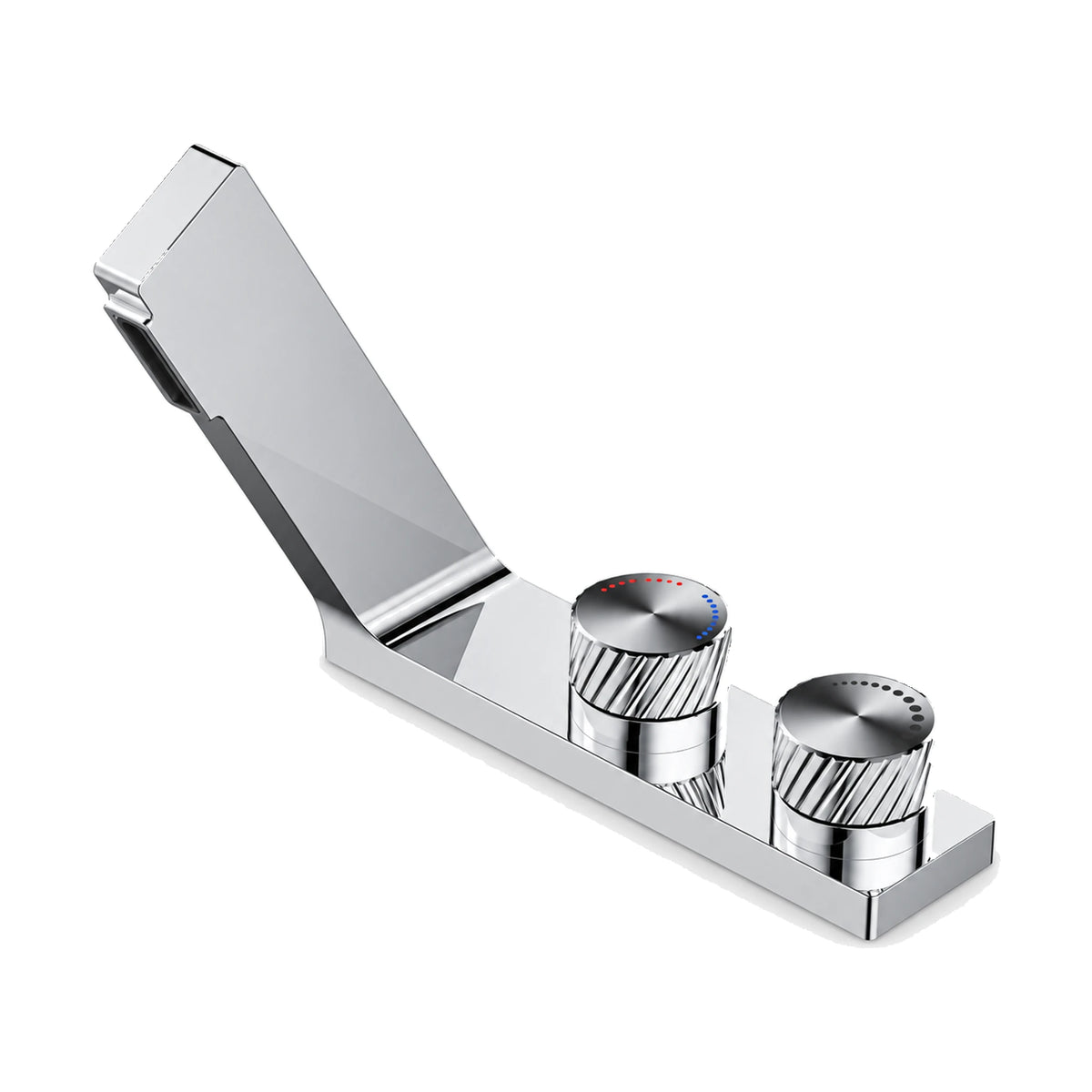 Matte black rectangular deck plate bathroom faucet with angled flat blade spout and two knurled round knobs — SANIKB DL-01 097-CP