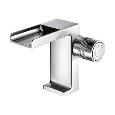 Chrome — Chrome square waterfall bathroom faucet with open channel spout, knurled side knob and L-shaped flat foot — SANIKB DL-01 150-CP