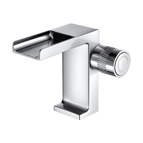 Chrome — Chrome square waterfall bathroom faucet with open channel spout, knurled side knob and L-shaped flat foot — SANIKB DL-01 150-CP