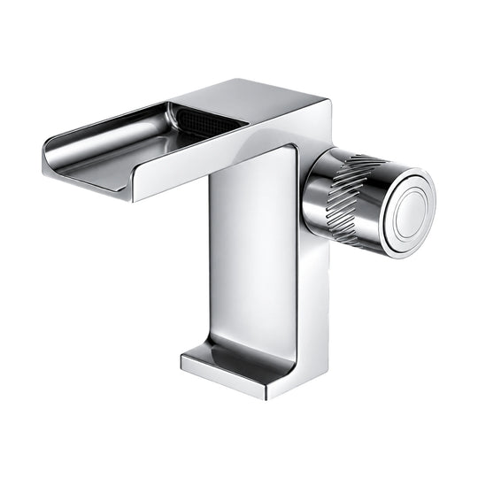 Chrome — Chrome square waterfall bathroom faucet with open channel spout, knurled side knob and L-shaped flat foot — SANIKB DL-01 150-CP