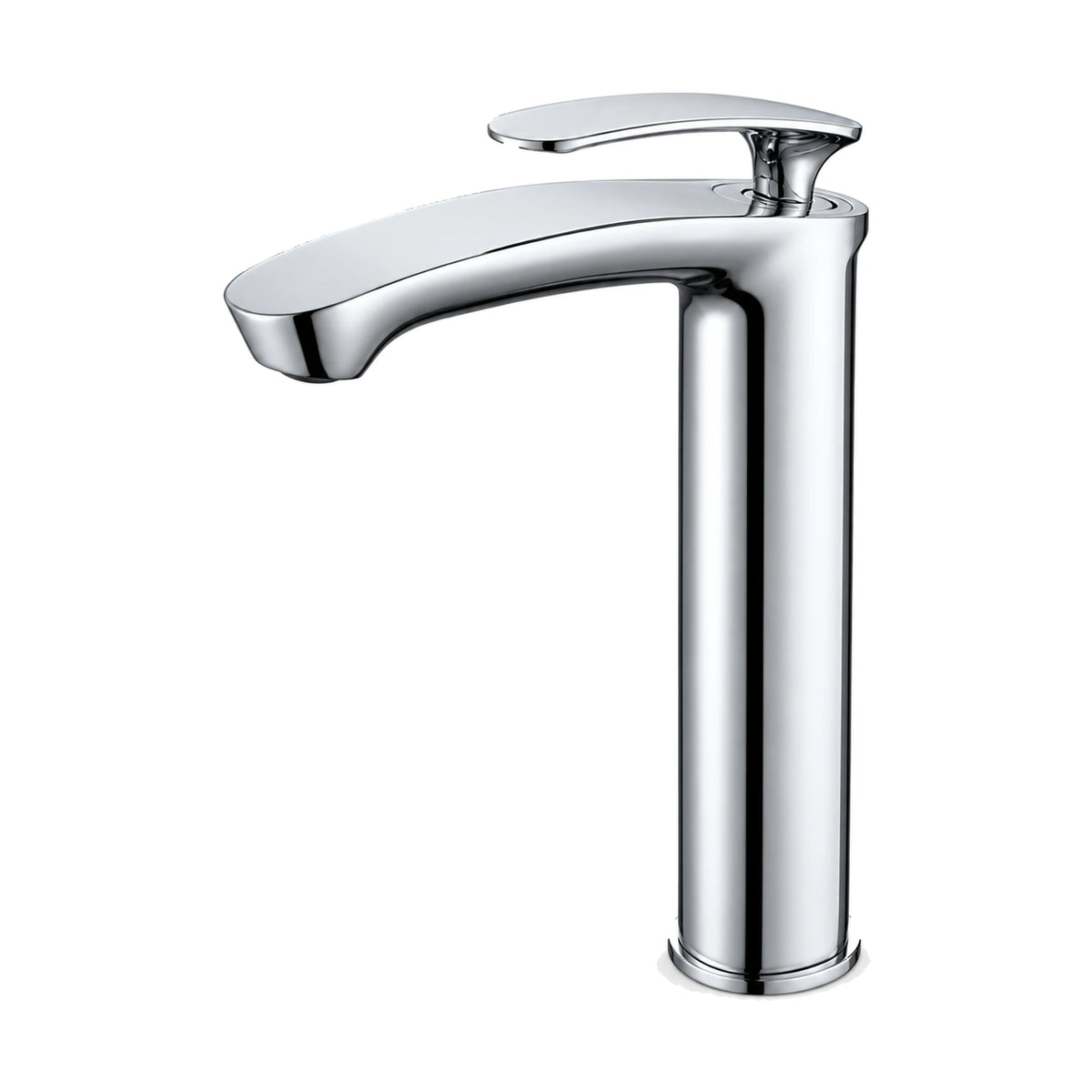 Matte black tall round column bathroom faucet with wide flat downward-curving spout and oval paddle lever — SANIKB DL-01 009-CP
