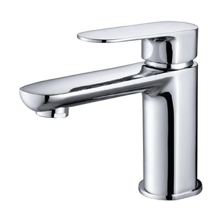 Chrome rounded-rectangle column bathroom faucet with flat round-tipped spout and oval paddle lever — SANIKB DL-01 047-CP