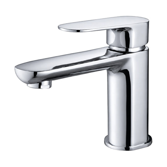 Chrome rounded-rectangle column bathroom faucet with flat round-tipped spout and oval paddle lever — SANIKB DL-01 047-CP
