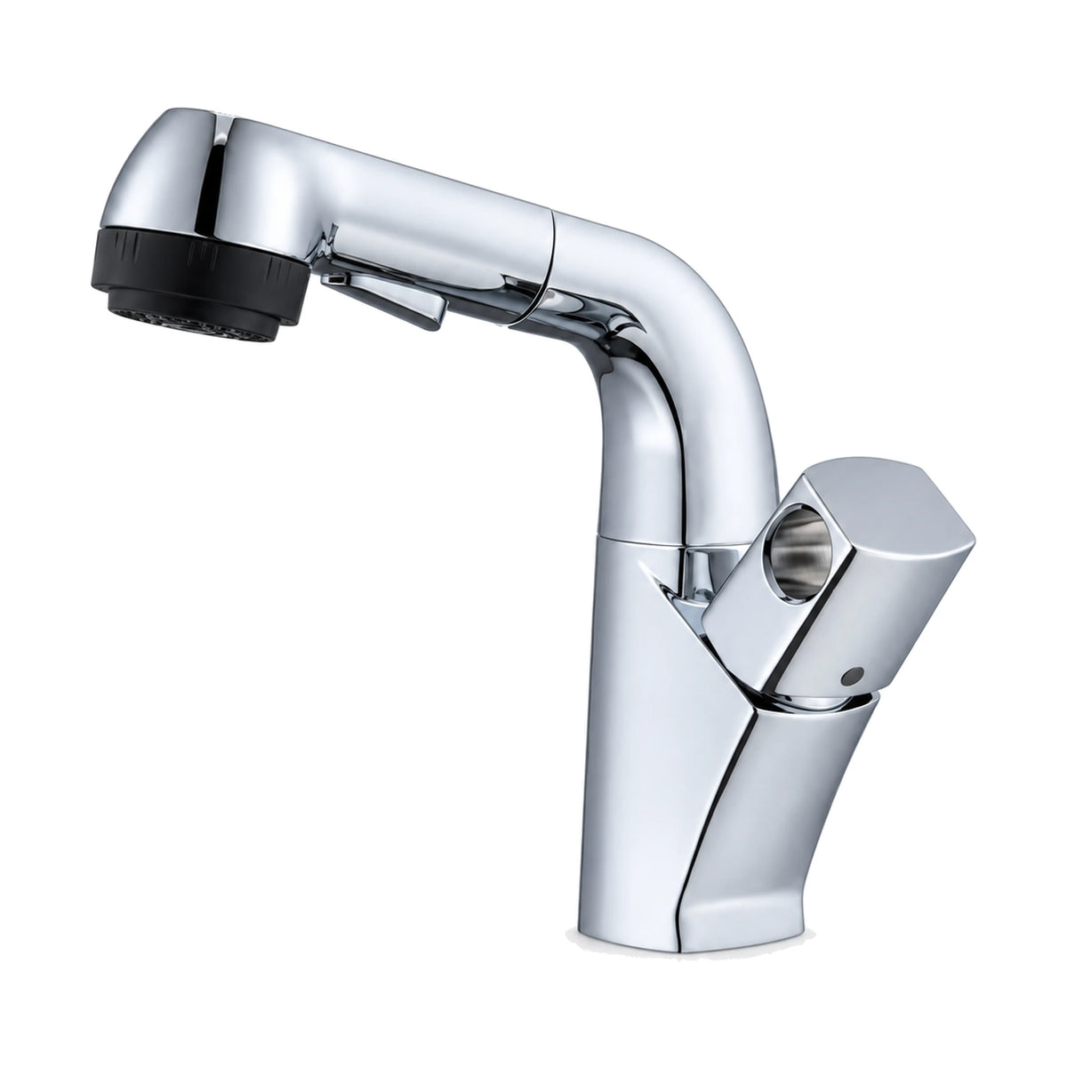 Chrome faceted bathroom faucet with L-shaped pull-out trigger spray head and six-sided side lever — SANIKB DL-01 633-CP