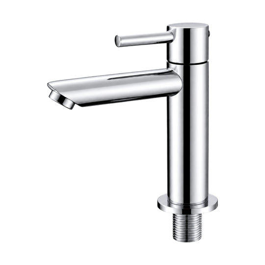 Chrome cold water bathroom faucet with long flat spout, pin lever and flange ring near the base — SANIKB DL-02 303-CP