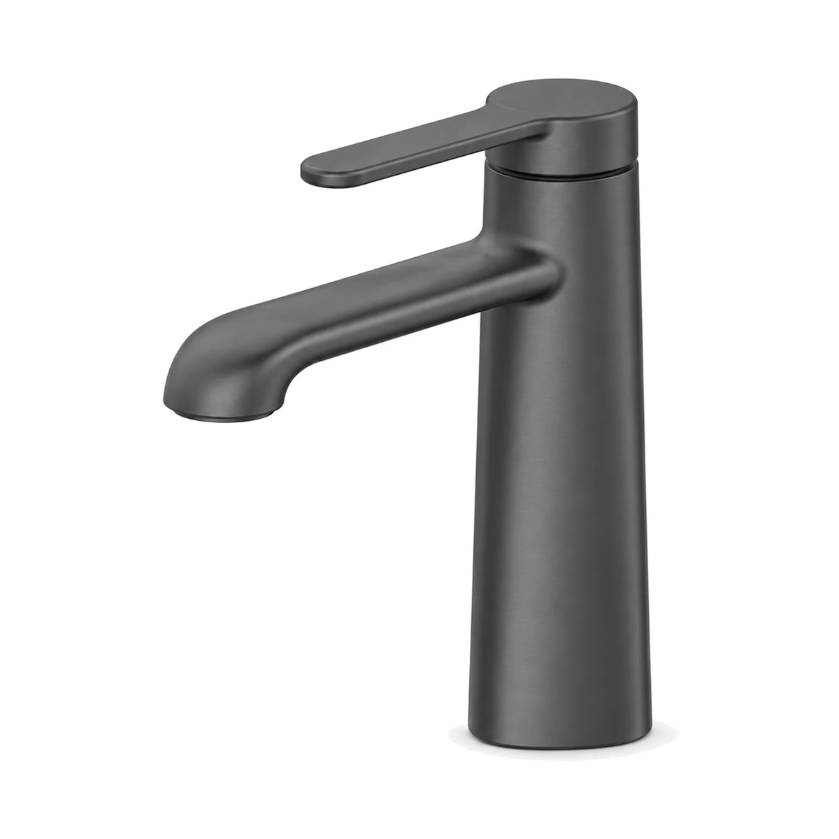 Gun metal grey single hole bathroom faucet, body tapering up from a wide base, down-turned spout — SANIKB B092 01 45 1
