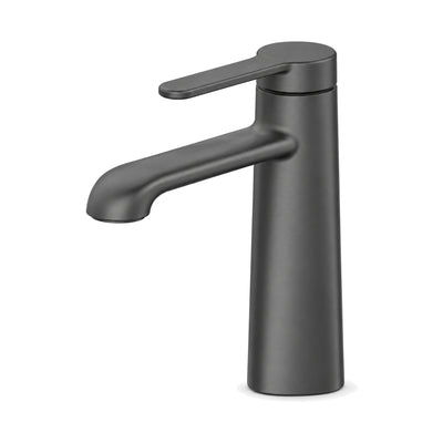Gun metal grey single hole bathroom faucet, body tapering up from a wide base, down-turned spout — SANIKB B092 01 45 1