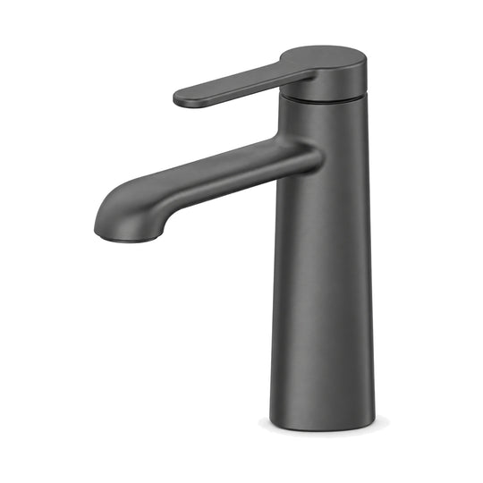 Gun metal grey single hole bathroom faucet, body tapering up from a wide base, down-turned spout — SANIKB B092 01 45 1