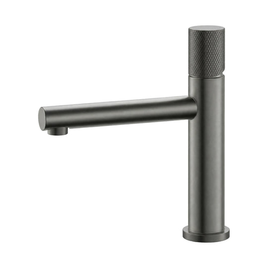 Gun metal grey single hole bathroom faucet with slim body, knurled top control knob and straight tube spout — SANIKB B703B 01 45 2