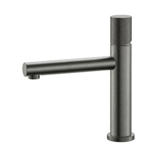 Gun metal grey single hole bathroom faucet with slim body, knurled top control knob and straight tube spout — SANIKB B703B 01 45 2