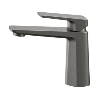 Gun metal grey single hole bathroom faucet with faceted wedge body widening upward and flat blade spout — SANIKB B1015 01 45 1