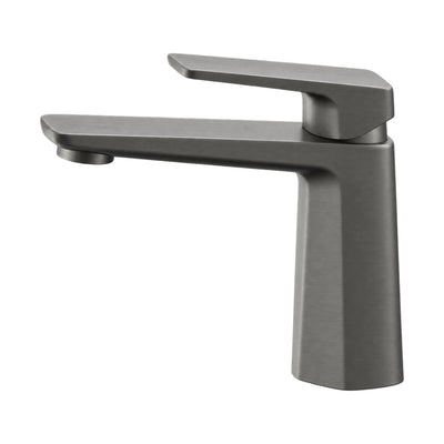 Gun metal grey single hole bathroom faucet with faceted wedge body widening upward and flat blade spout — SANIKB B1015 01 45 1